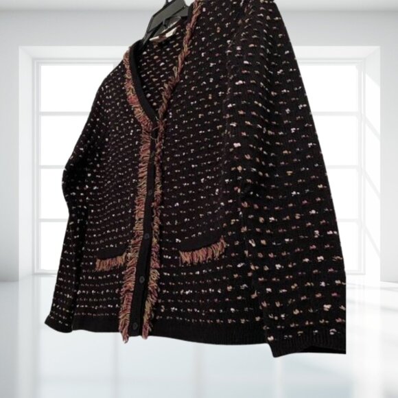 Jennifer Moore Vintage Petite M Fringe Button Cardigan Sweater Black Retro Boho - Picture 4 of 12